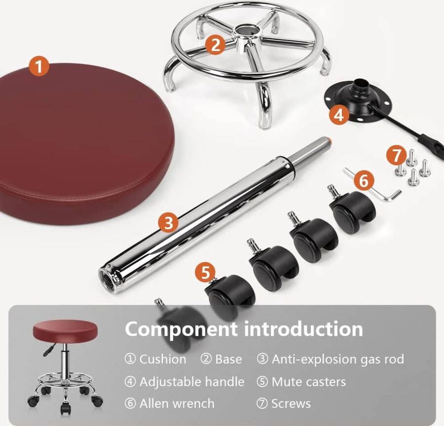 Rolkruk in hoogte verstelbaar draaibaar barkruk werkkruk van kunstleer bureaukruk rood