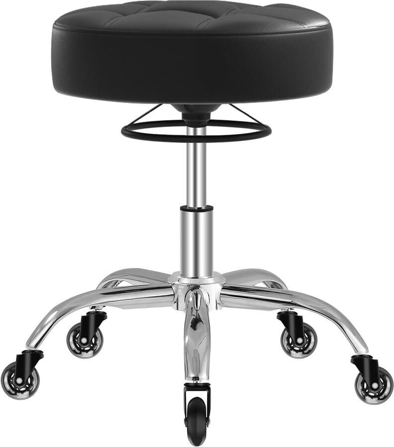 Rolkruk kruk in hoogte verstelbaar met ringheffing dik schuim voor zacht comfort stoel met wielen 360 graden werkkruk tot 180 kg belastbaar draaikruk voor salon spa en huishouden zwart