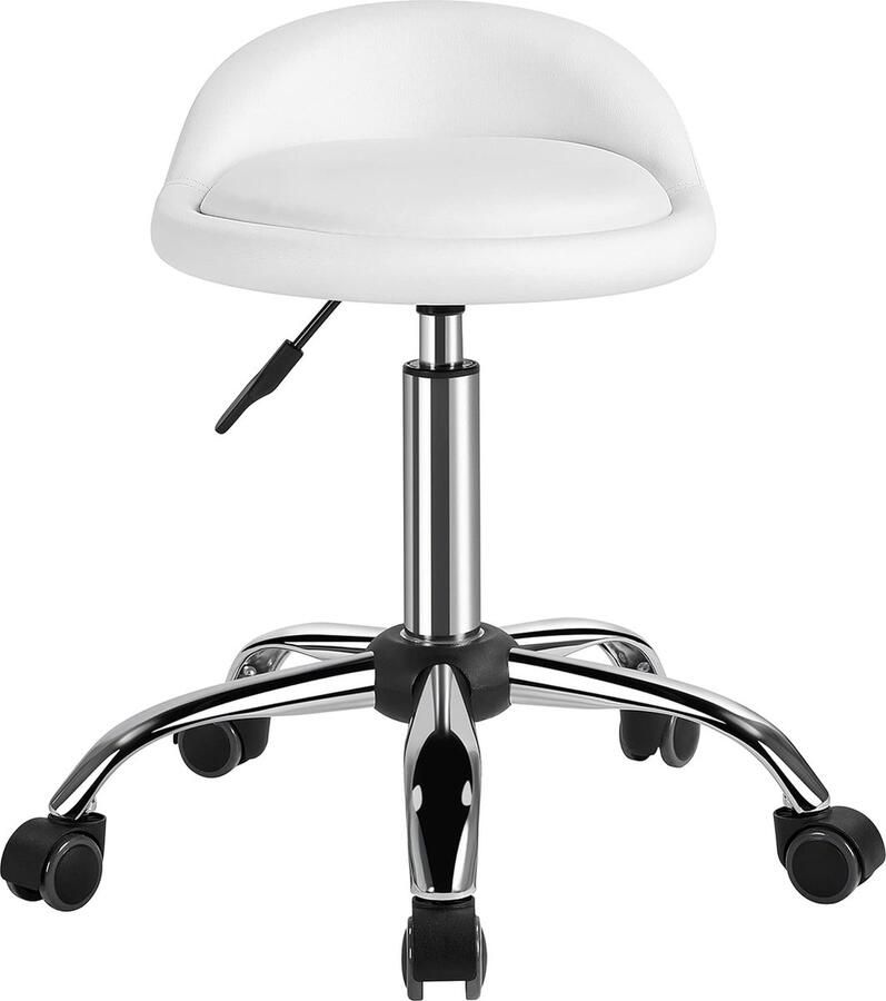 Rolkruk met rugleuning rolkruk werkkruk draaistruk bureaukruk op wielen cosmeticakruk gestoffeerd in hoogte verstelbaar 360 graden draaibaar wit
