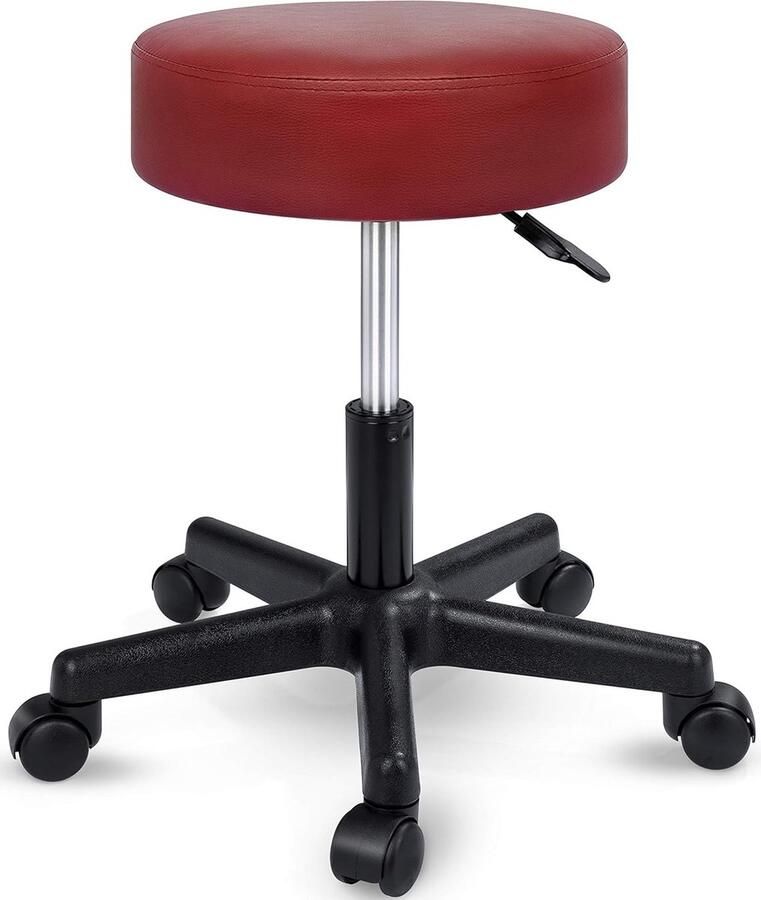 Rolkruk werkkruk kruk draaikruk visagiekruk praktijkkruk in hoogte verstelbaar met wielen 360° draaibaar 10 cm dik kussen en 8 kleurvarianten (wijnrood)