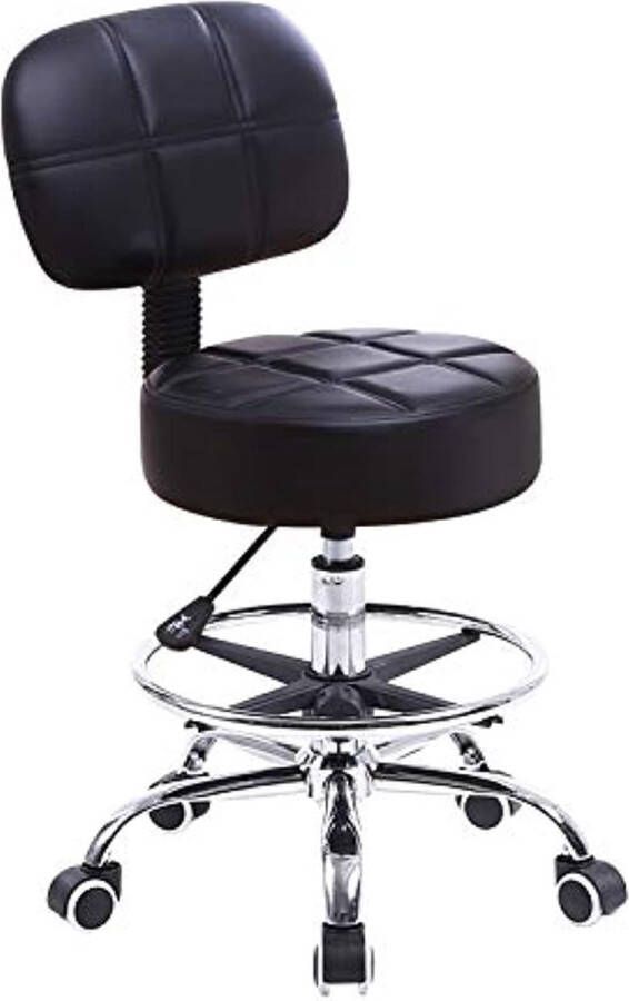 KKTONER Roller Stool Work Stool with Backrest Height Adjustable 53-68 cm Salon Stool PU Leather Black