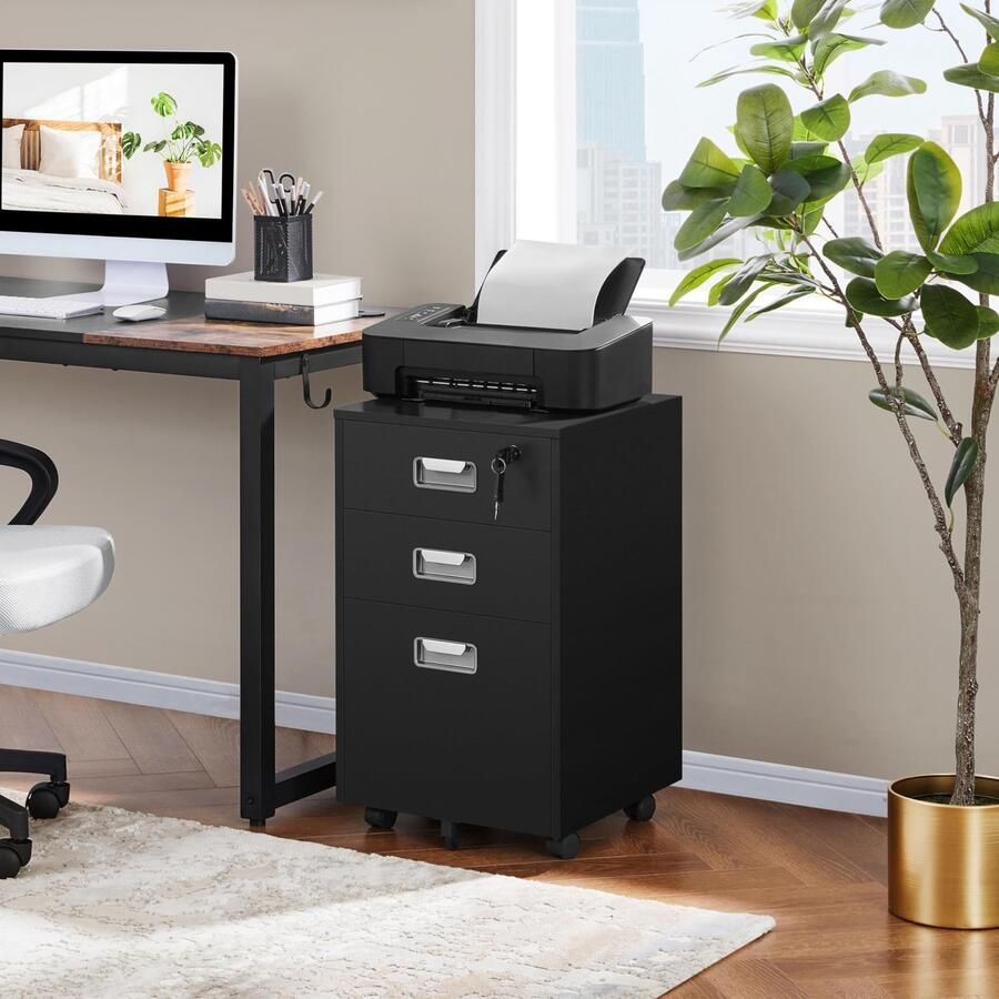 Rollcontainer archiefkast met 3 laden en hangmappen mobiele kantoorkast voor werkkamer woonkamer kantoor zwart