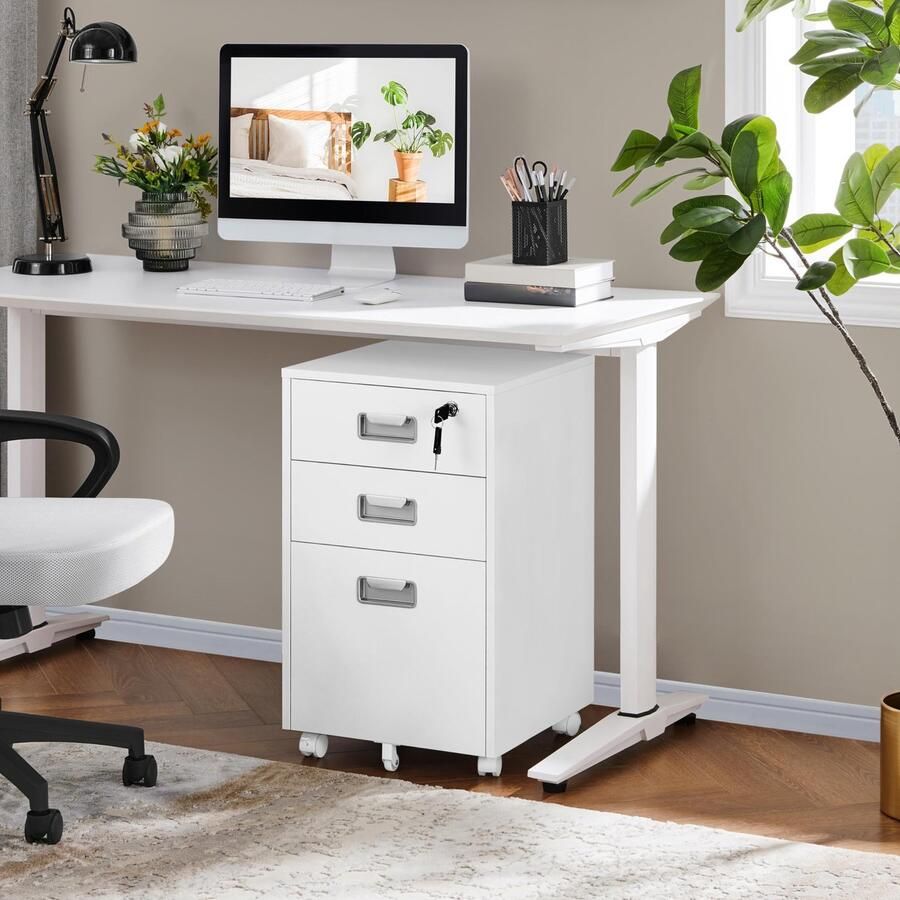 Rollcontainer archiefkast met 3 laden en hangmappen mobiele kantoorkast voor werkkamer woonkamer kantoor wit