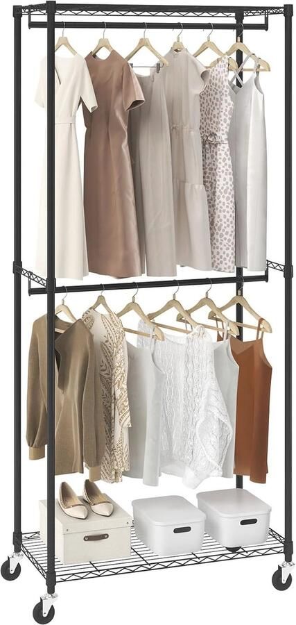 Rollend Kledingrek met 2-laags Kledingroede en 136 kg Draagvermogen Duurzaam en Mobiel voor Slaapkamer en Entree