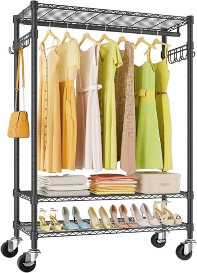 Rollend Kledingrek met Vergrendelingswielen Verstelbare Planken en Zijhaken