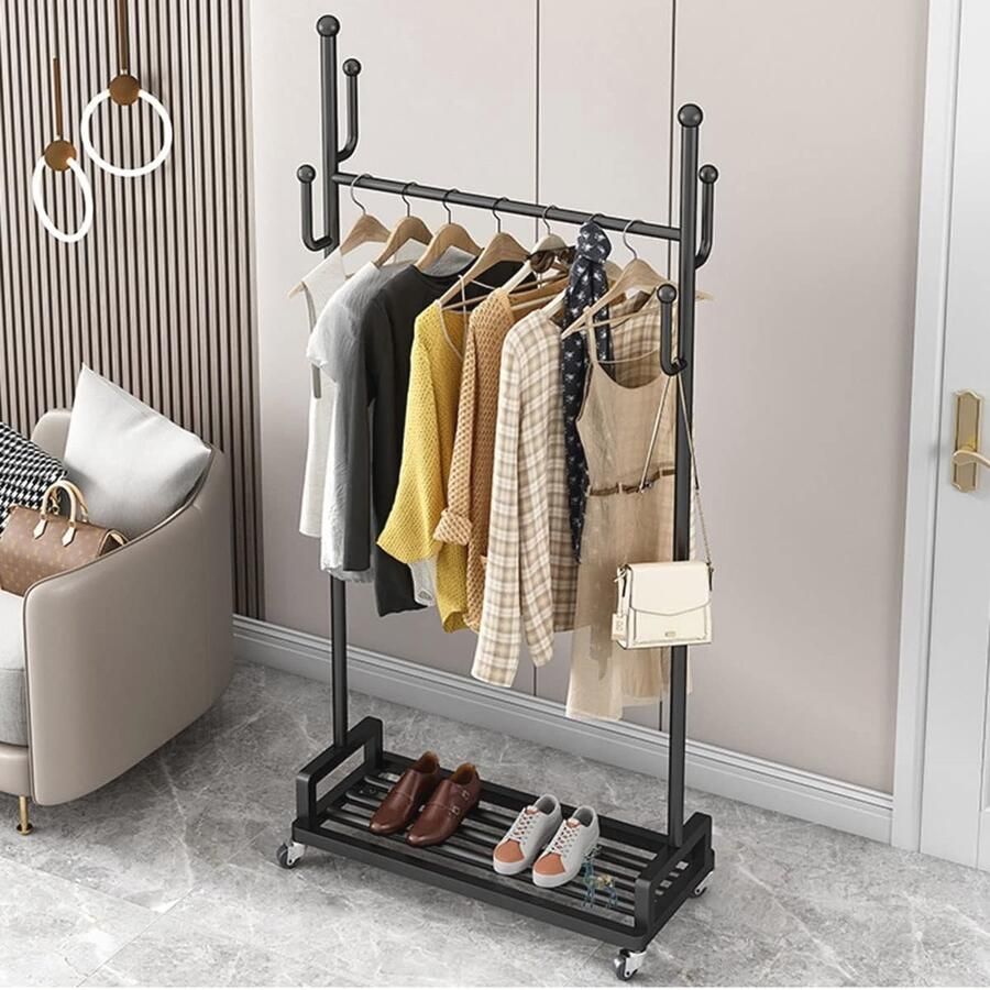 Rollend Kledingrek met Zijhaken en Afsluitbare Wielen Vrijstaande Kledinghanger voor Kleine Ruimtes