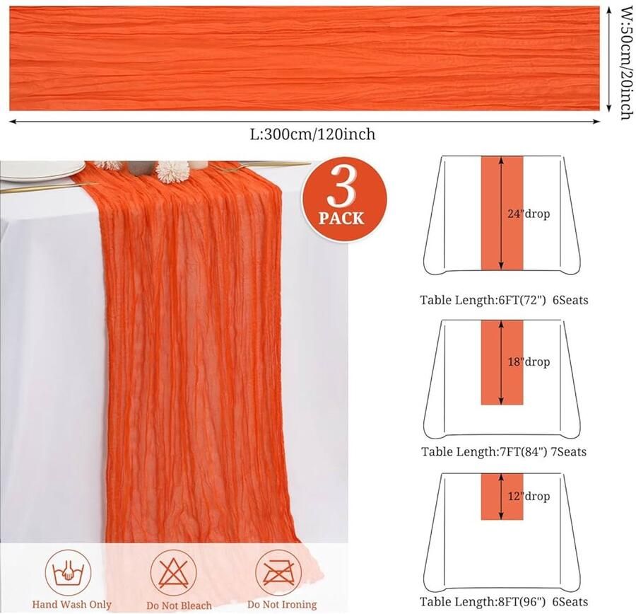 Romantische gebrande oranje tafelloper set van 3 55 x 300 cm kaasdoek