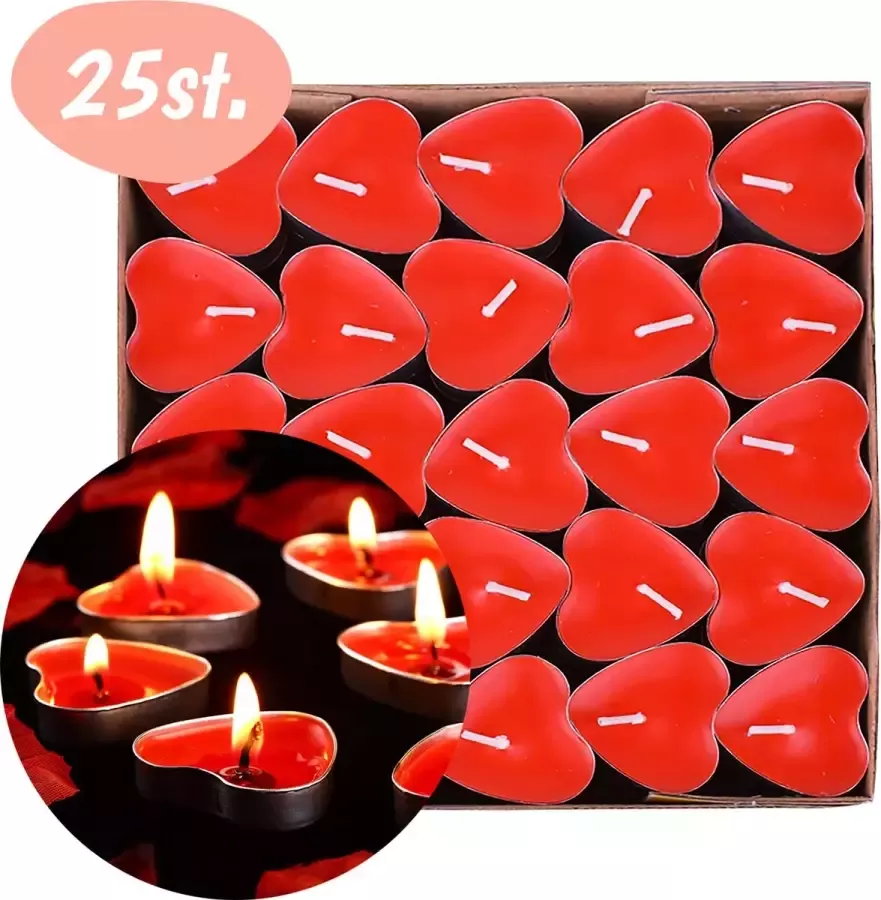Happy Happenings Romantische Kaarsen – hartjes decoratie Waxinelichtjes Liefde – Valentijnsdag Versiering – Tafel Decoratie Verlichting – Theelichtjes Moederdag Valentijn Kaarsjes – I Love You Rode Hartjes – 25 stuks