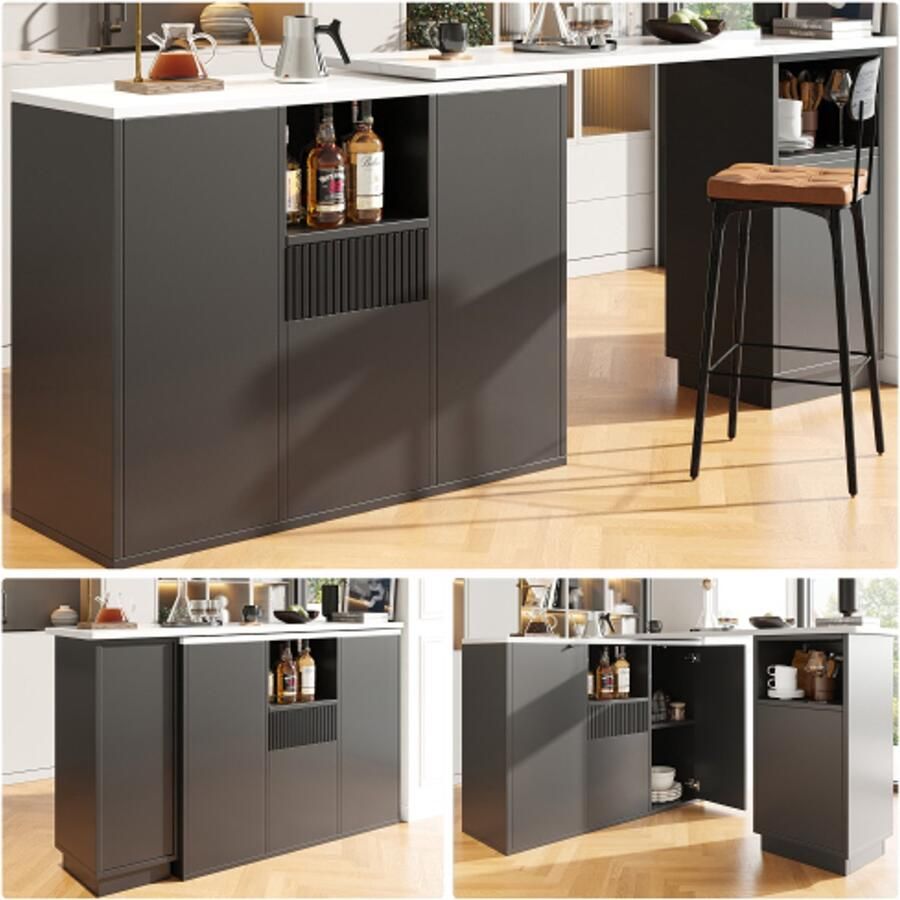 Merlooks Keukeneilanden uitschuifbaar industrieel blad van imitatiemarmer met 3 laden multifunctioneel keuken- en eetkamermeubilair keukeneiland keukenplank keukentrolley dressoir MDF werkblad keukenplank