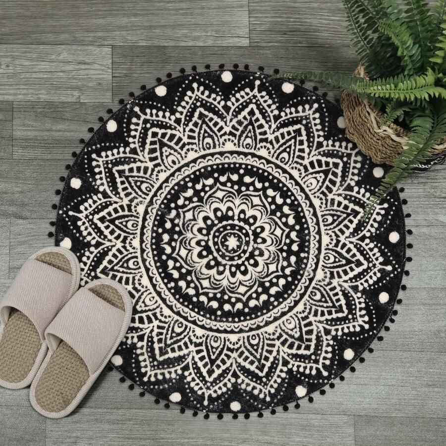 Rond Boho Antislip Tapijt 90 cm Mandala Patroon Machine Wasbaar Woonkamer en Slaapkamer Vloerkleed met Entree Mat Niet Pluizend