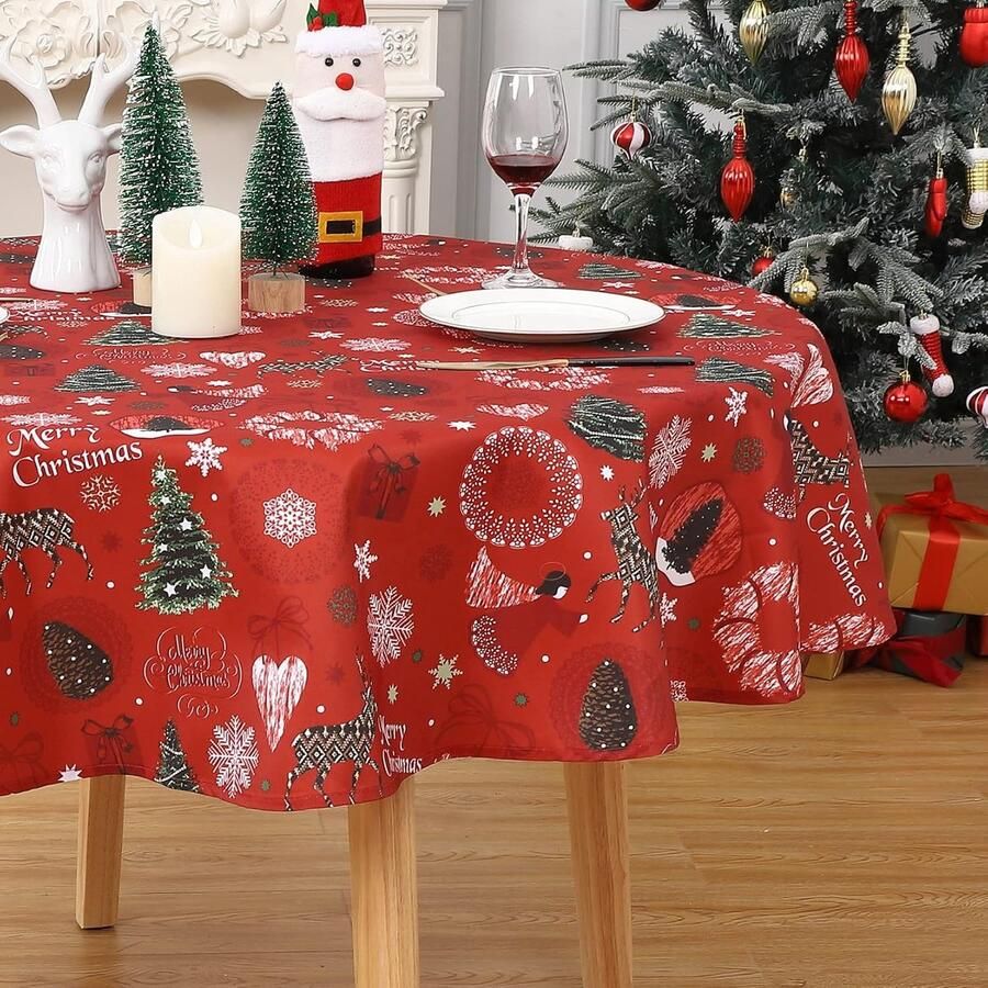 Rond Afveegbaar Tafelkleed Kerst Waterdicht 152 cm Rood met Kerstherten