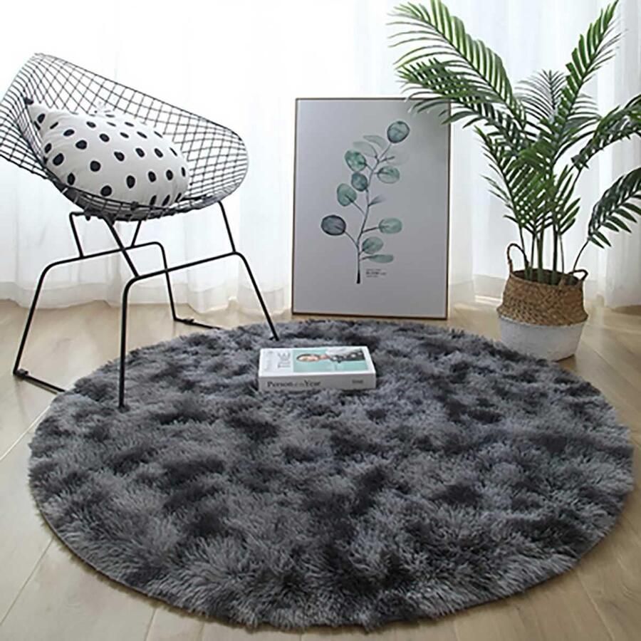 Rond antislip tapijt voor woonkamer en slaapkamer Pluizig decoratief vloertapijt (Zwart Grijs 80cm)