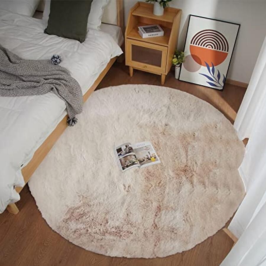 Rond beige shaggy pluche tapijt 180x180cm Antislip en wasbaar vloerkleed voor woonkamer en slaapkamer