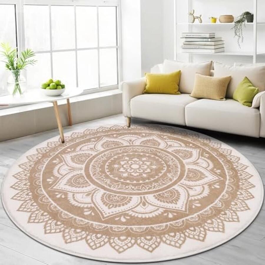 Rond Boho tapijt 120 cm Beige Wasbaar Antislip Laagpolig Voor Woonkamer Slaapkamer Kinderkamer en Badkamer