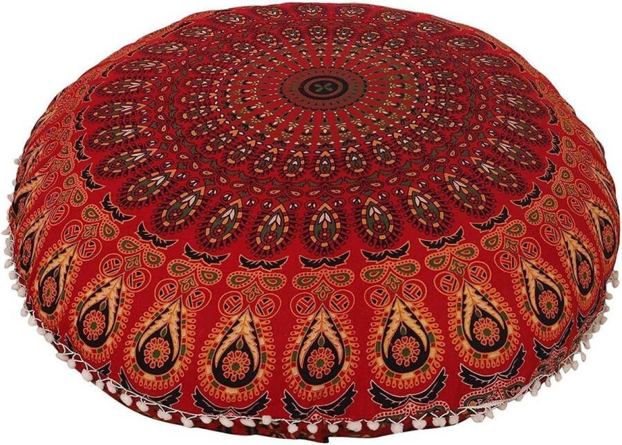 Rond decoratief kussen in Indiase boho-stijl mandala wandtapijt hippie rond poef mandala-vloerkussen 81 x 81 cm 80 cm rood