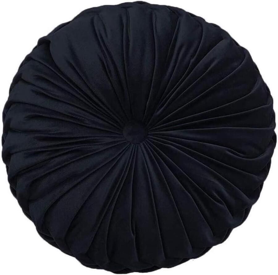 Rond fluwelen sierkussen gevuld vloerkussen voor thuis bank auto (zwart) met geplooide details floor pillow