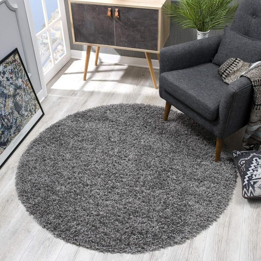 Rond grijs hoogpolig vloerkleed moderne tapijten voor woonkamer slaapkamer eetkamer of kinderkamer 150x150 cm
