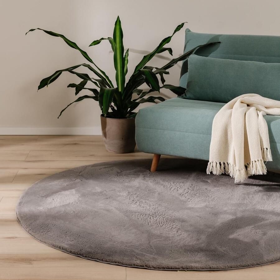 Rond Grijs Vloerkleed 160 cm Zacht Kunstvezel Furry Antislip Wasbaar Geschikt voor Vloerverwarming