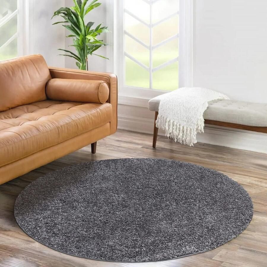 Rond hoogpolig antraciet tapijt 80 cm modern shaggy vloerkleed voor woonkamer en slaapkamer