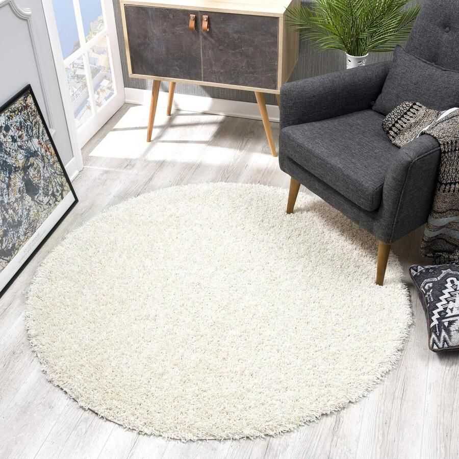 Rond hoogpolig crème vloerkleed modern 120x120 cm voor woonkamer slaapkamer of eetkamer