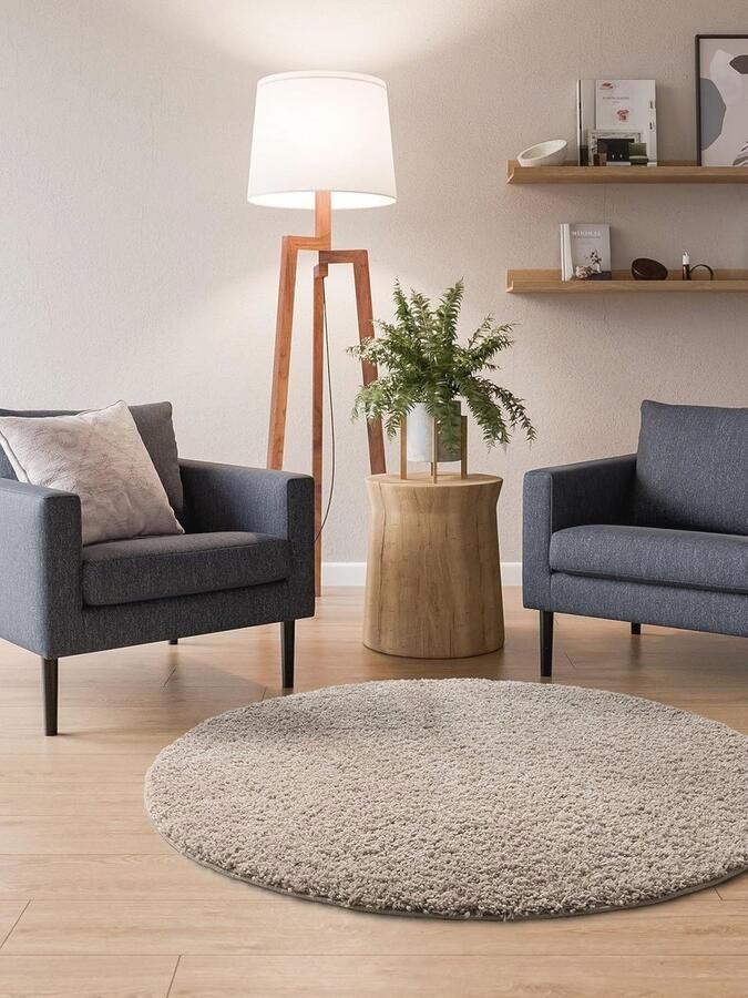 Rond Hoogpolig Tapijt 80x80 cm Beige Wasbaar Antislip en Zacht