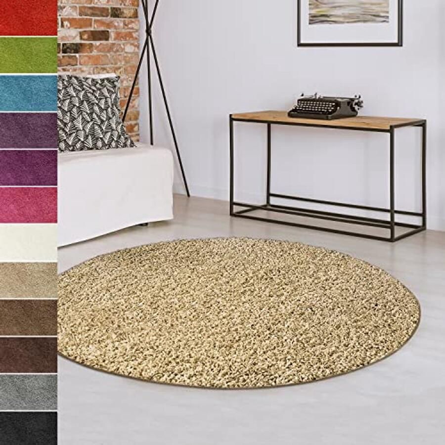 Rond Hoogpolig Vloerkleed 120 cm Beige Shaggy Tapijt voor Woonkamer en Slaapkamer