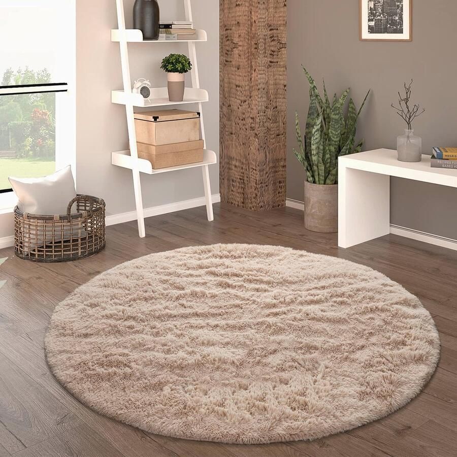 Rond Hoogpolig Vloerkleed Beige 120 cm Shaggy Imitatiebont voor Woonkamer Slaapkamer en Eetkamer