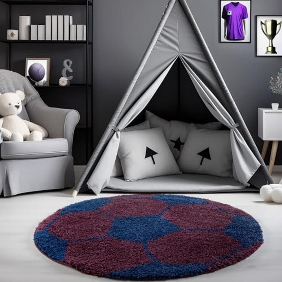 Rond Hoogpolig Vloerkleed met Voetbalontwerp 120 cm voor Kinderkamer