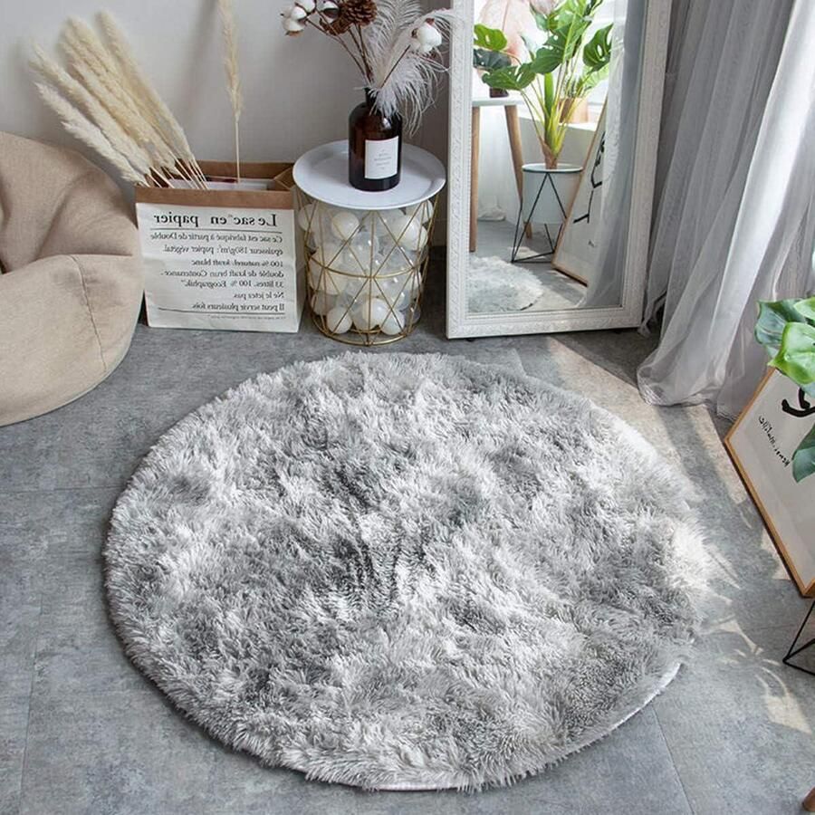 Rond hoogpolig vloerkleed modern shaggy tapijt 140 cm grijs wit