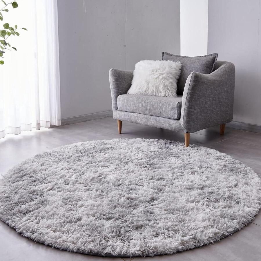 Rond hoogpolig vloerkleed perfect voor woonkamer of slaapkamer 100 cm lichtgrijs
