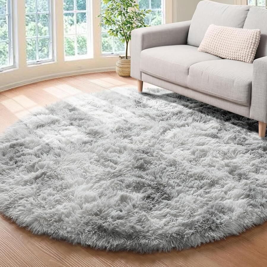 Rond hoogpolig vloerkleed Pluizig tapijt 160 cm Grijs-wit