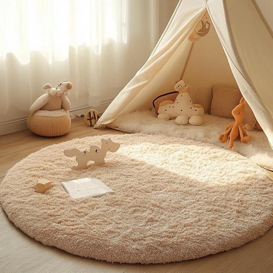 Rond hoogpolig vloerkleed Pluizig tapijt voor woonkamer 160 cm Kaki