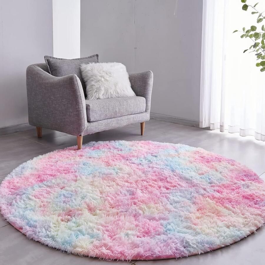 Rond Hoogpolig Vloerkleed Pluizig Tapijt voor Woonkamer en Slaapkamer Regenboog Design (120 cm)
