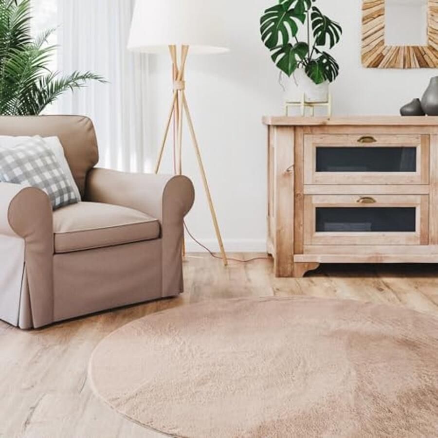 Rond Hoogpolig Vloerkleed van 200x200 cm Taupe Zacht Bont Wasbaar en Antislip