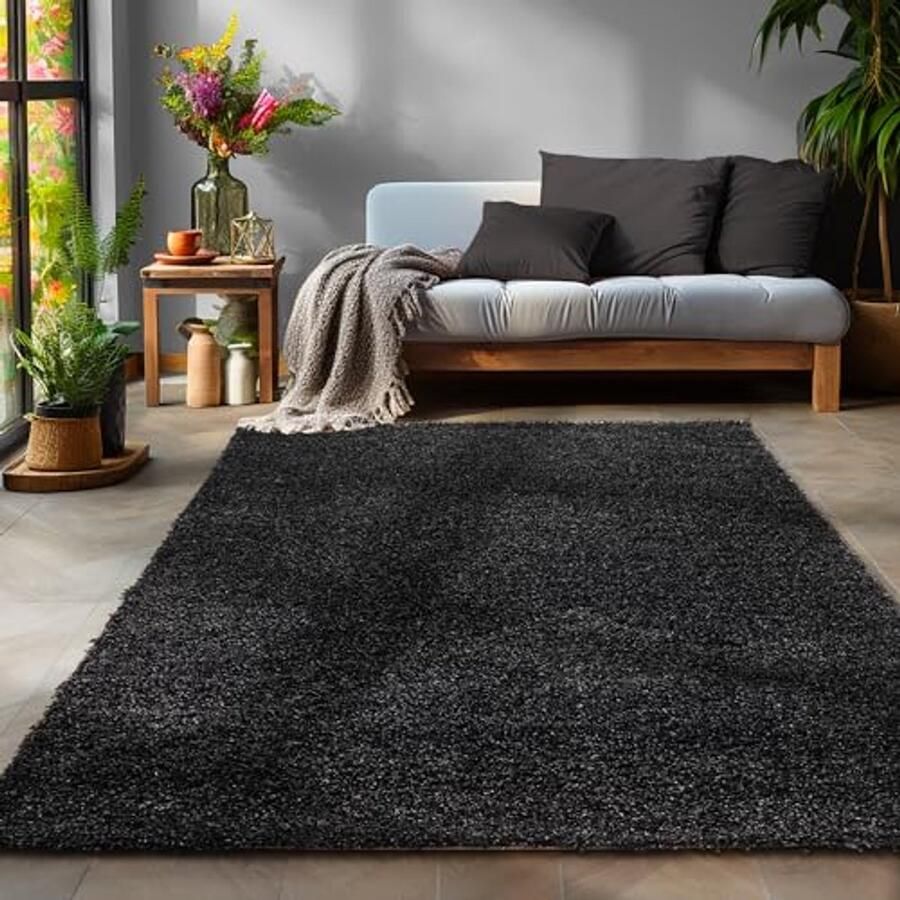 Rond Hoogpolig Vloerkleed Zwart – 120 cm – Modern Tapijt voor Woonkamer en Slaapkamer