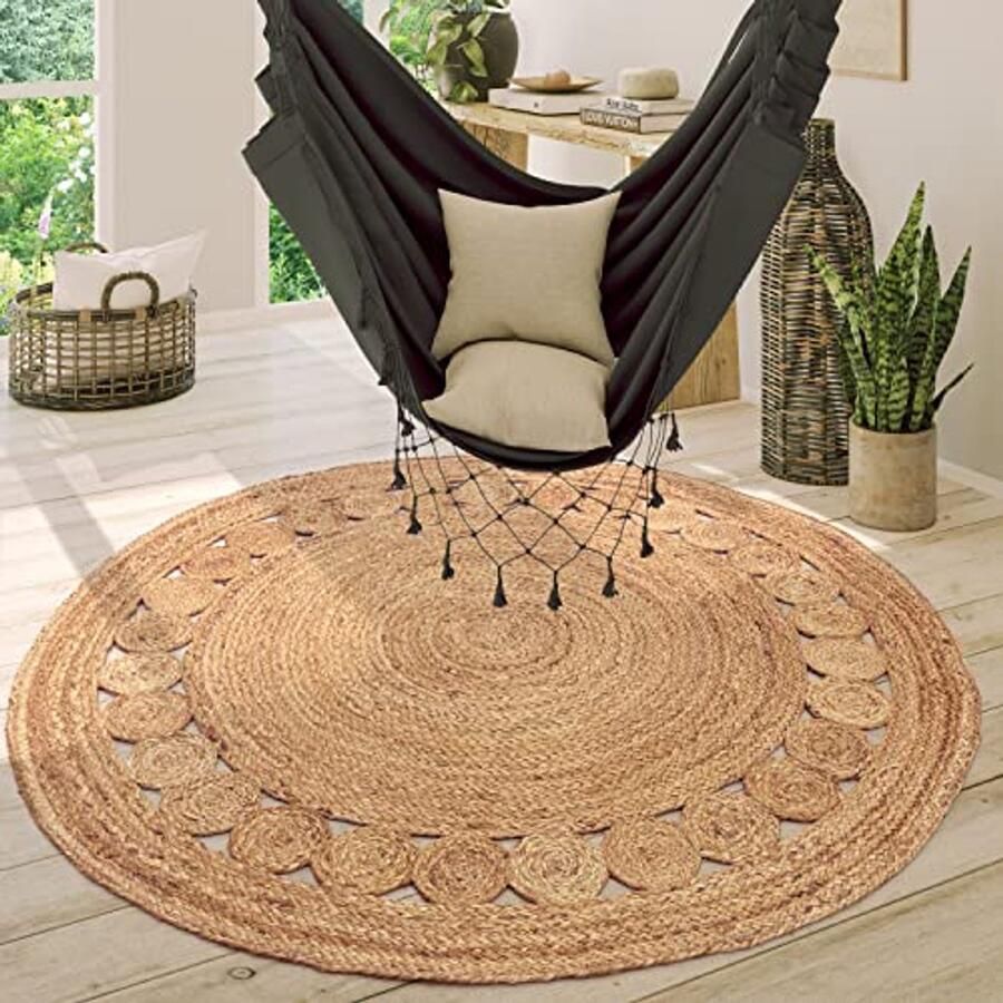 Rond Jute Vloerkleed Ethno Boho Handgemaakt Naturel Ø 80 cm