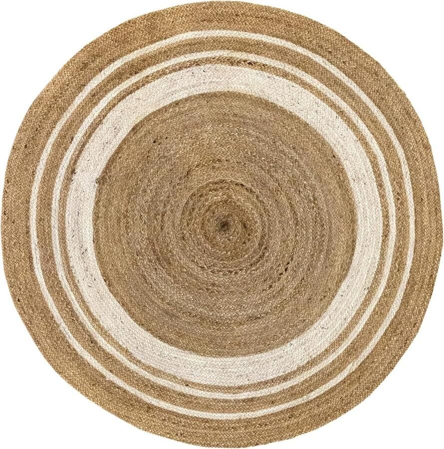 Rond Jute Vloerkleed Natuurlijk en Handgemaakt 1 stuk Beige met Witte Streep 150x150 cm