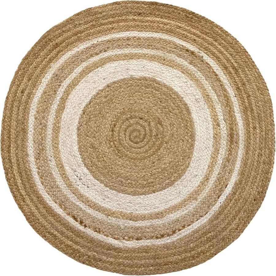 Jute Vloerkleed Rond Natuurlijke kleur met witte streep 100% Jute 100x100cm