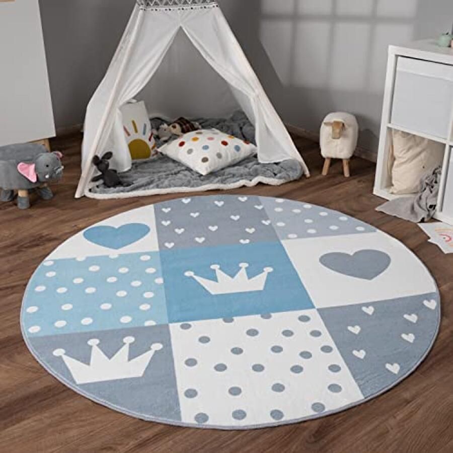 Rond Kinderkleed Voor de Kinderkamer Antislip Regenboog Hart Vlekken Ø 120cm Blauw