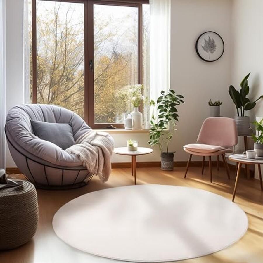 Rond Korte Pool Tapijt in Crème Moderne Vloerkleed voor Woonkamer en Eetkamer 200 cm