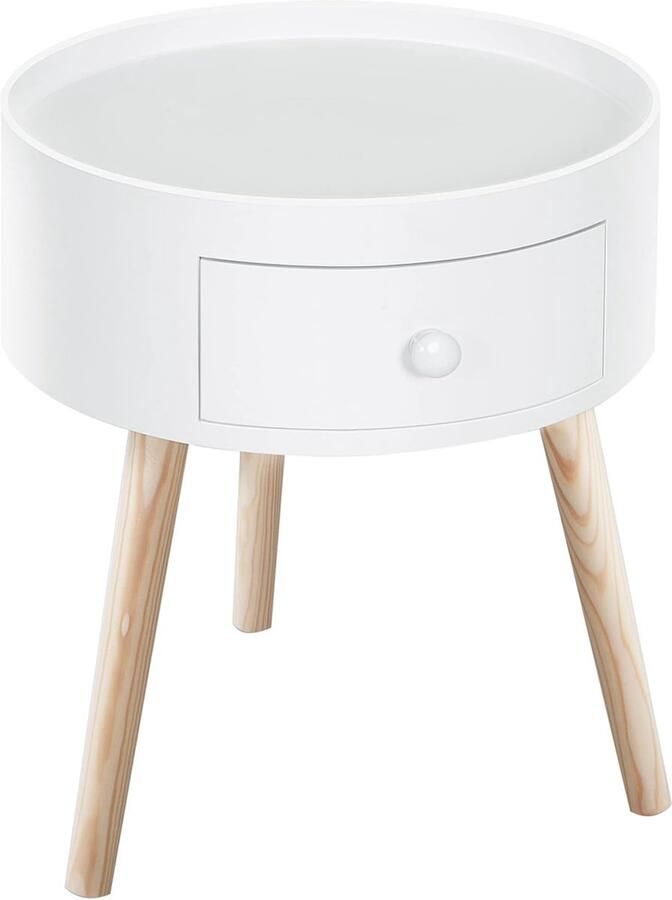 Rond nachtkastje in Scandinavisch design – Salontafel met lade en schuine poten – Massief hout in licht eiken en wit