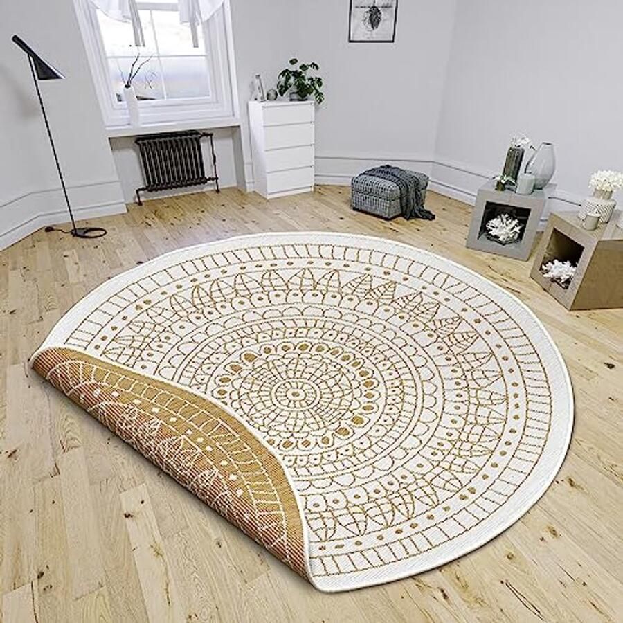 Rond omkeerbaar vloerkleed voor binnen en buiten waterdicht mandala-design 100 cm