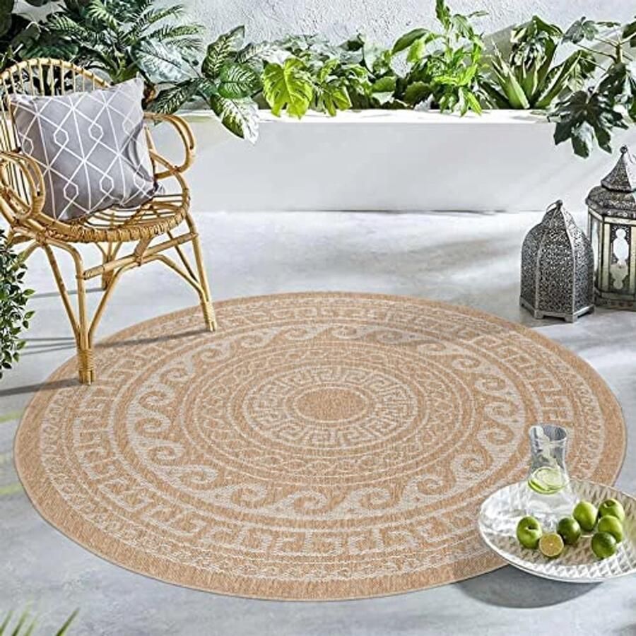 Rond Outdoor Tapijt Beige Weerbestendig Vloerkleed voor Terras Balkon Tuin of Keuken 200 cm