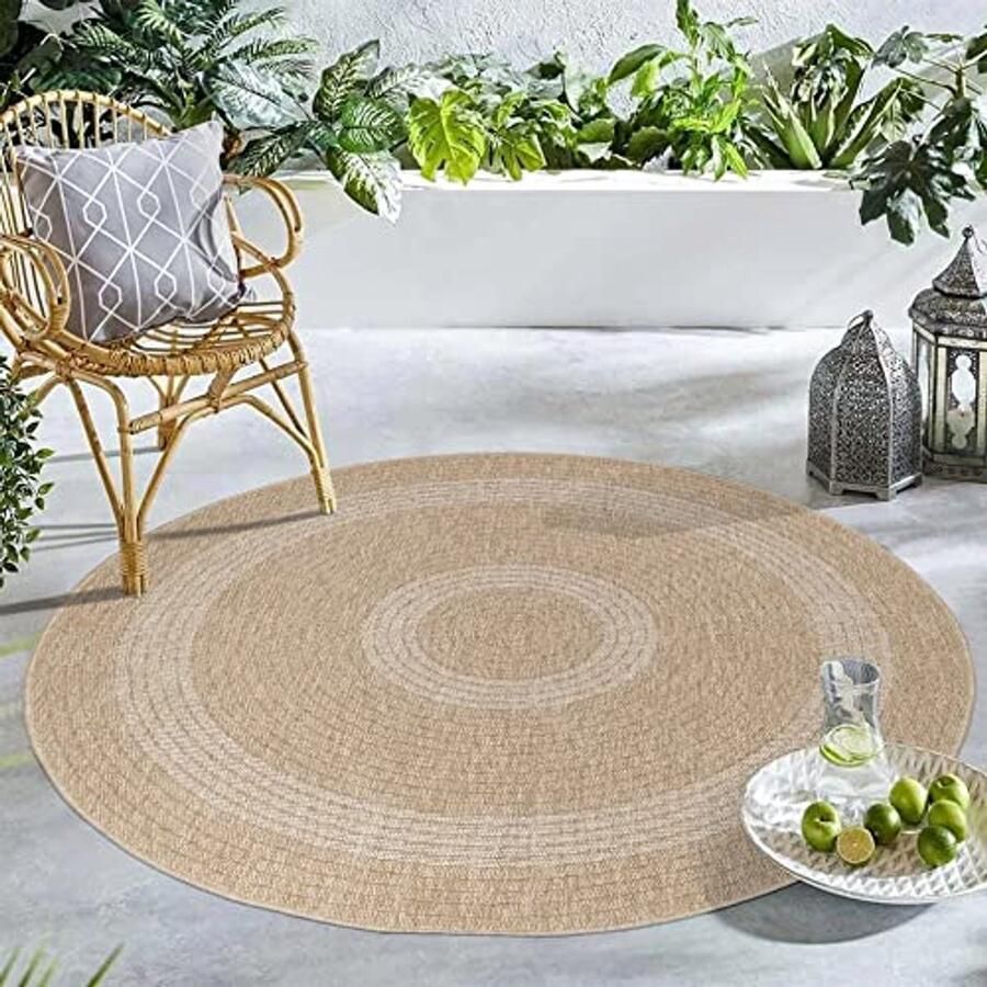 Rond Outdoor Vloerkleed 80 cm Beige voor Terras Balkon Tuin of Keuken