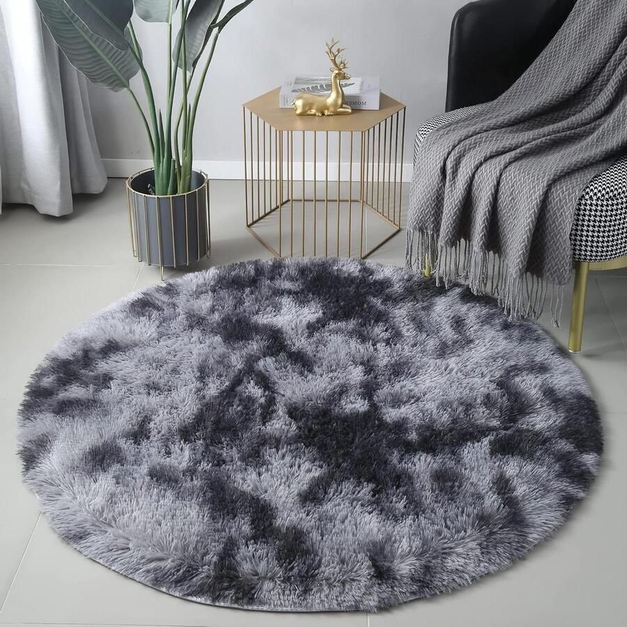 Rond pluche tapijt pluizig tapijt moderne woonkamer kinderen meisjes zacht en pluizig tapijt voor slaapkamer-woonkamer-kinderkamer donkergrijs Ø 120 cm rond