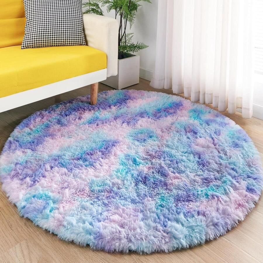Rond pluche tapijt voor de slaapkamer pluizig en zacht blauw-paars Ø 150 cm Ø 150 cm rond. vloerkleed