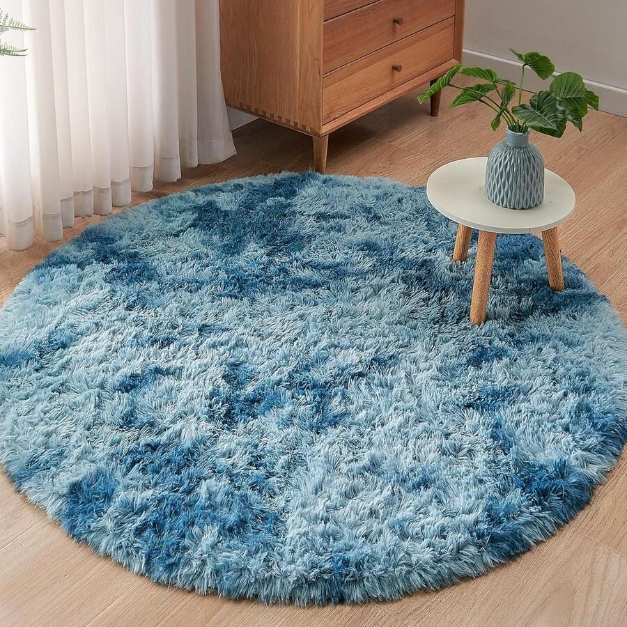 Rond Pluche Tapijt voor Slaapkamer en Woonkamer Zacht Kindertapijt in Pauwblauw 100 x 100 cm