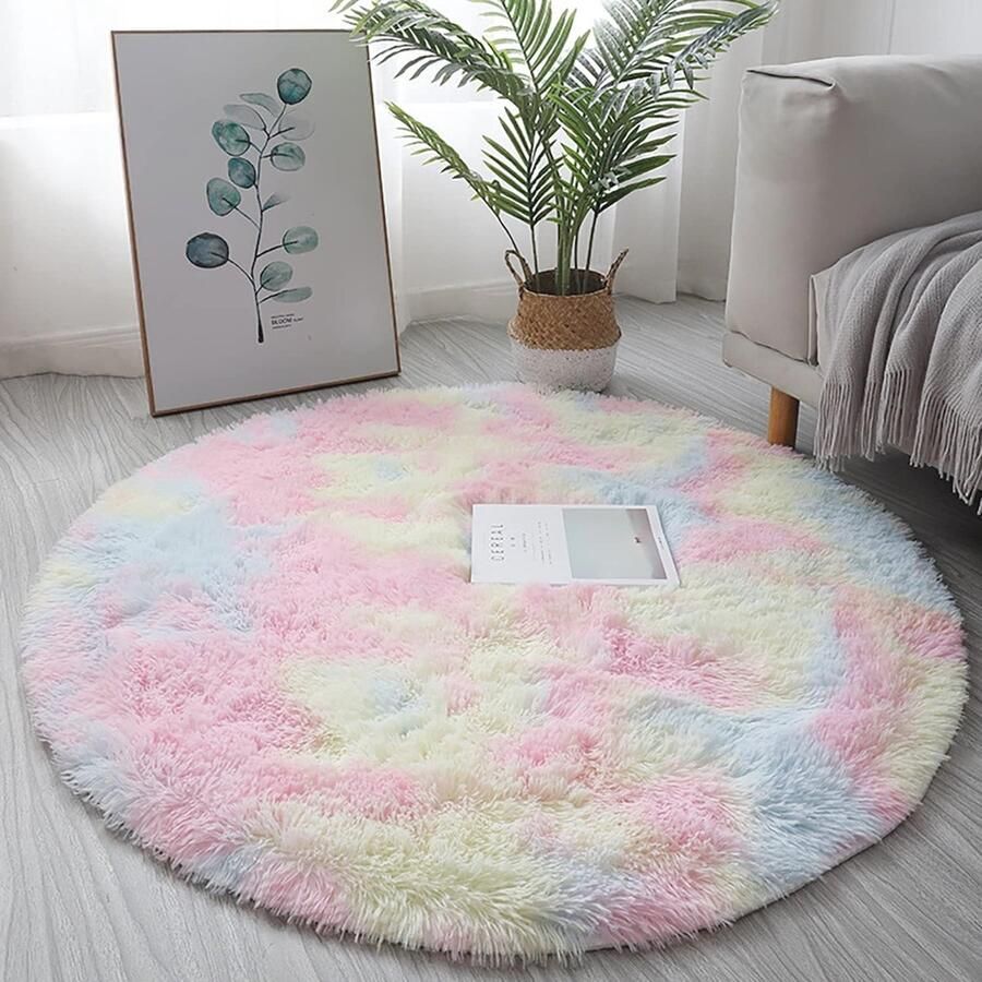 Rond Pluizig Shaggy Tapijt voor Kinderen Wasbaar en Antislip 140 cm Regenboog