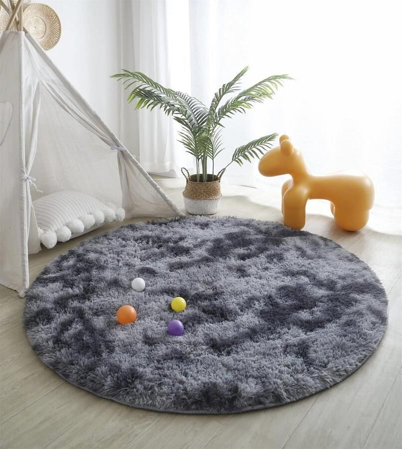 Rond Pluizig Tapijt voor Woonkamer en Slaapkamer Antislip & Zacht (Donkergrijs 100x100cm)