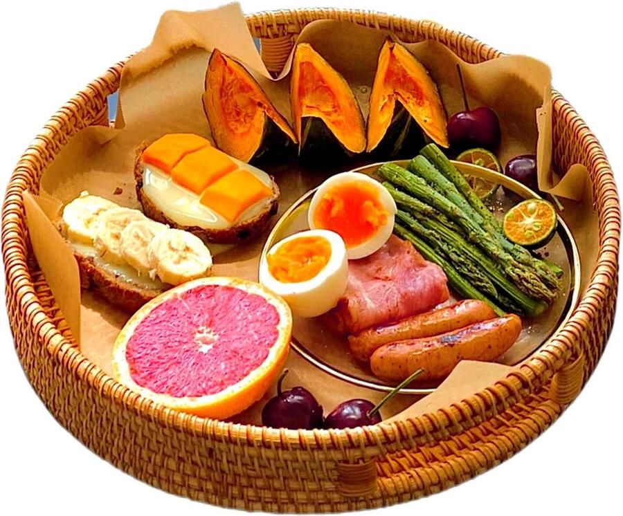 Rond rotan dienblad met uitgesneden handgrepen handgevlochten decoratief dienblad veelzijdig inzetbaar voor ontbijt dranken snacks en kaarsen ideaal voor salontafel (30 x 30 x 5 cm)